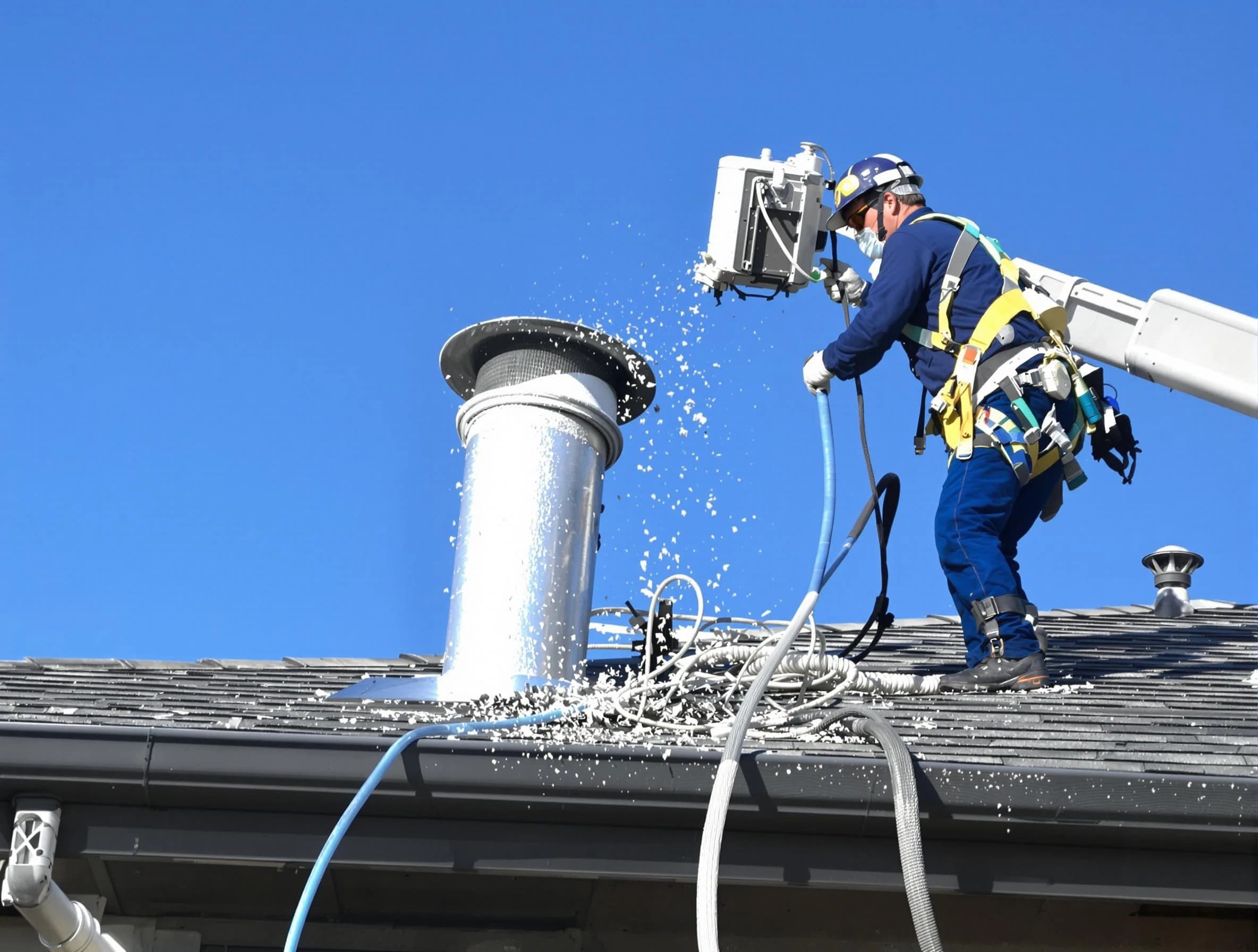 Edgewood Dryer Vent Cleaning certified technician safely cleaning a roof-mounted dryer vent in Edgewood