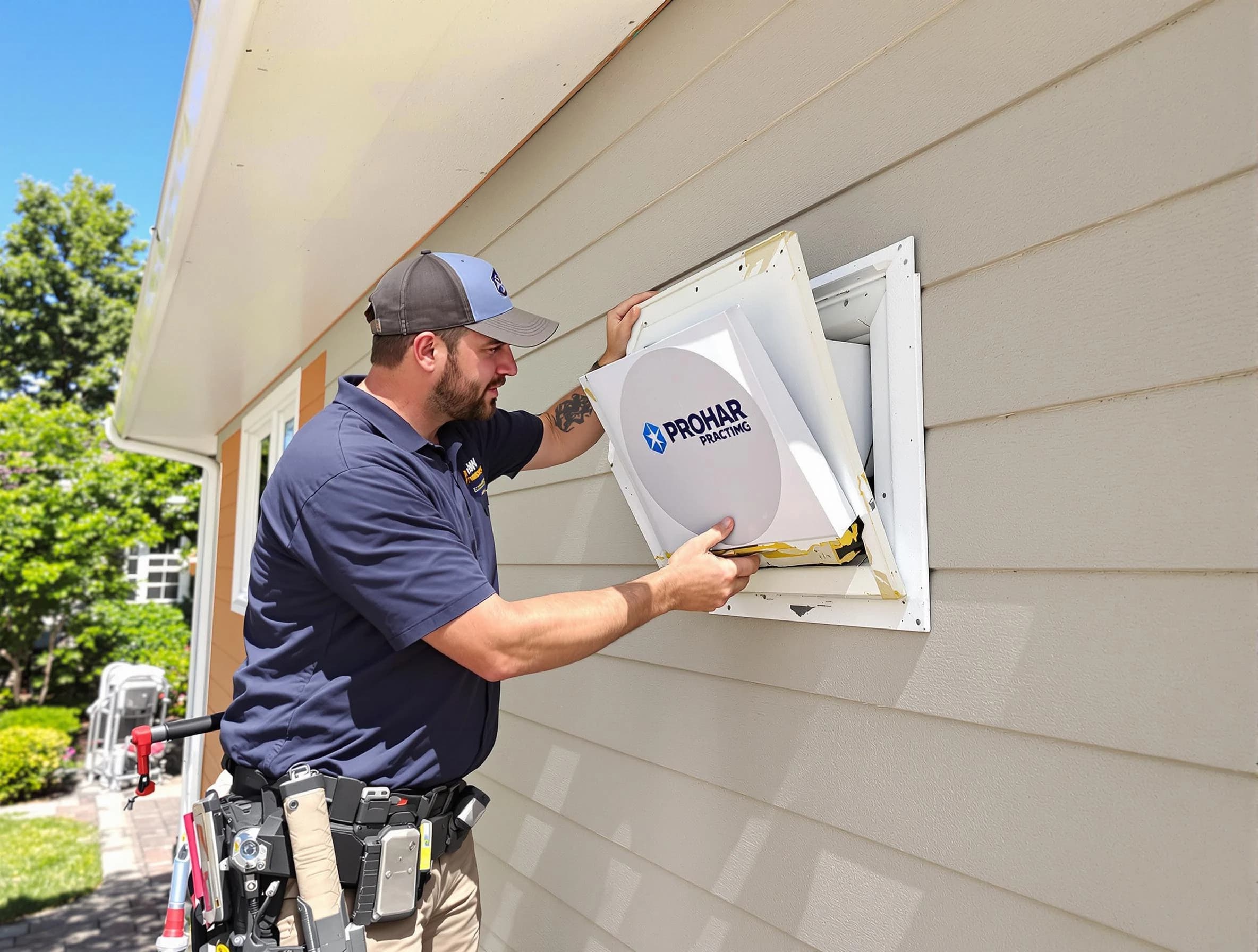 Edgewood Dryer Vent Cleaning technician installing a new protective dryer vent cover on a home in Edgewood
